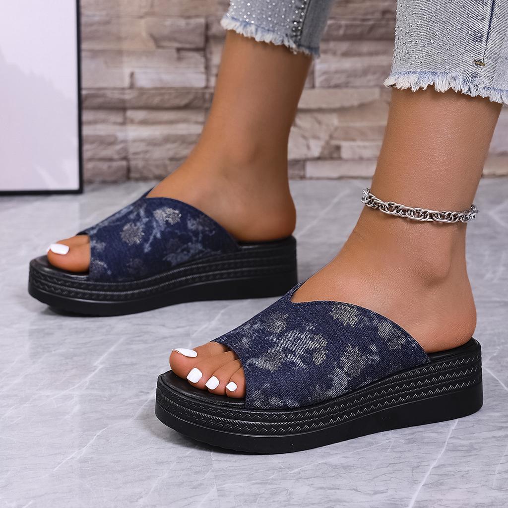 Summer New European and American Fashion Fish Mouth Wedge Fashion Slippers Foreign Trade Large Size Women's One-character Denim Sandals