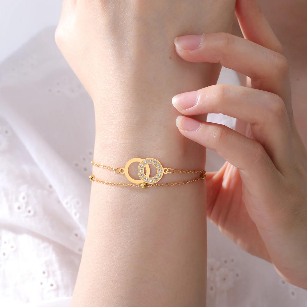 Cazador Geometric Double Circles Charm Bracelets Stainless Steel Jewelry Clear Zircon Women's Hand Bracelet Birthday Gift 2026