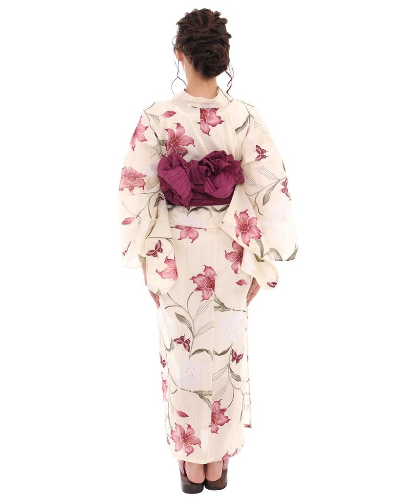 Yukata change set heiko E Scarlet Lily Butterfly [KYOETSU] set, weave, unbleached, 6-piece (yukata, obi, underwear, geta, waistband) Women's (10.