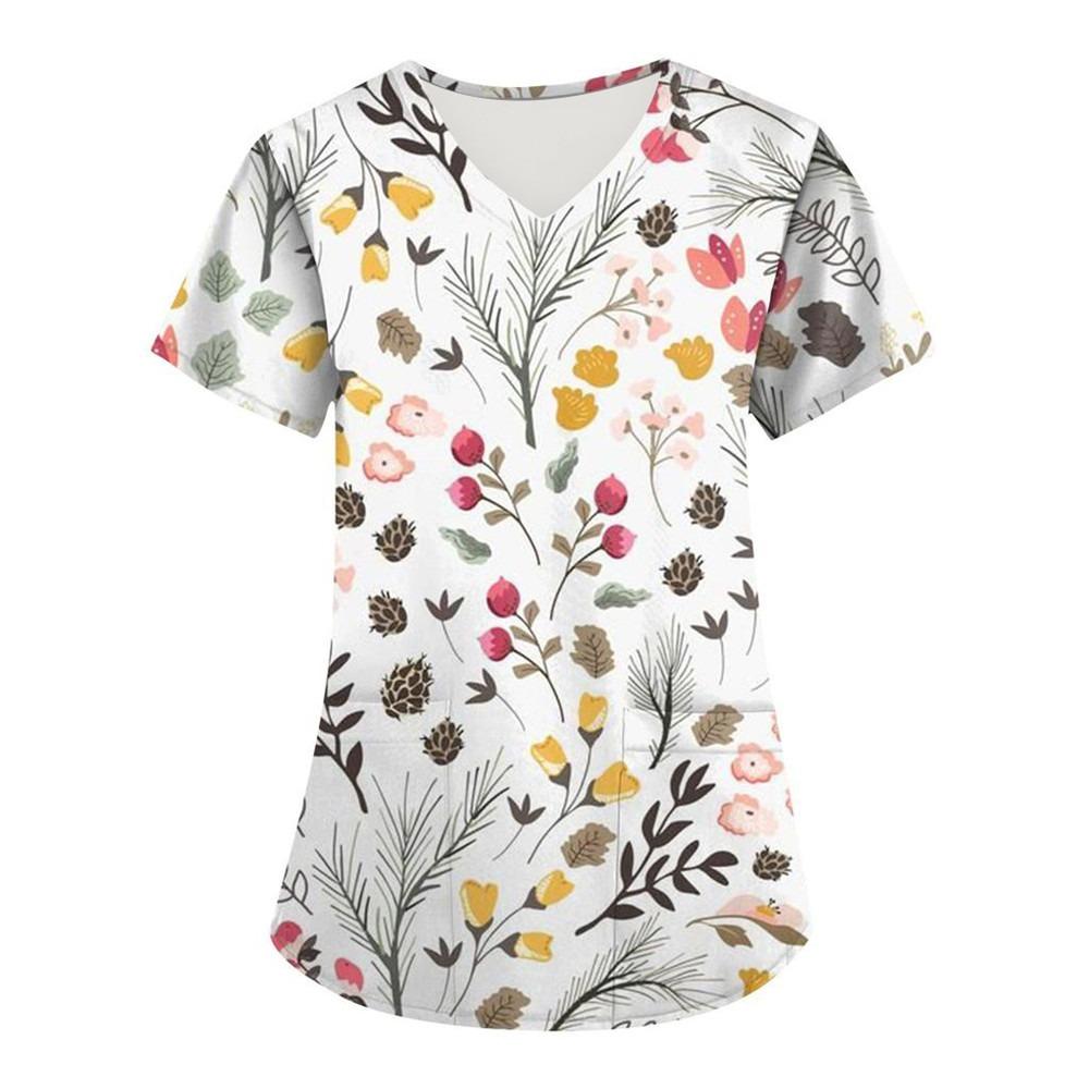 Women Nurse Uniform Floral 3D Print Tops V-Neck Pocket Medical Uniforms Nursing Short Sleeve T-shirt Tops Working Clothes