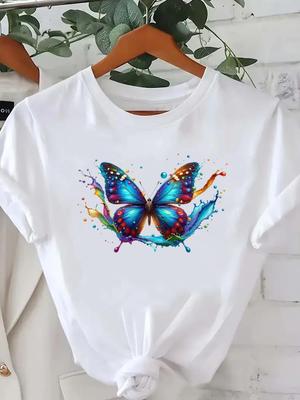 (Asian Size) Watercolor Butterfly 90s Women Printed Lady Casual Short Sleeve T Tee Top Clothing Shirt Fashion Female Graphic T-shirts