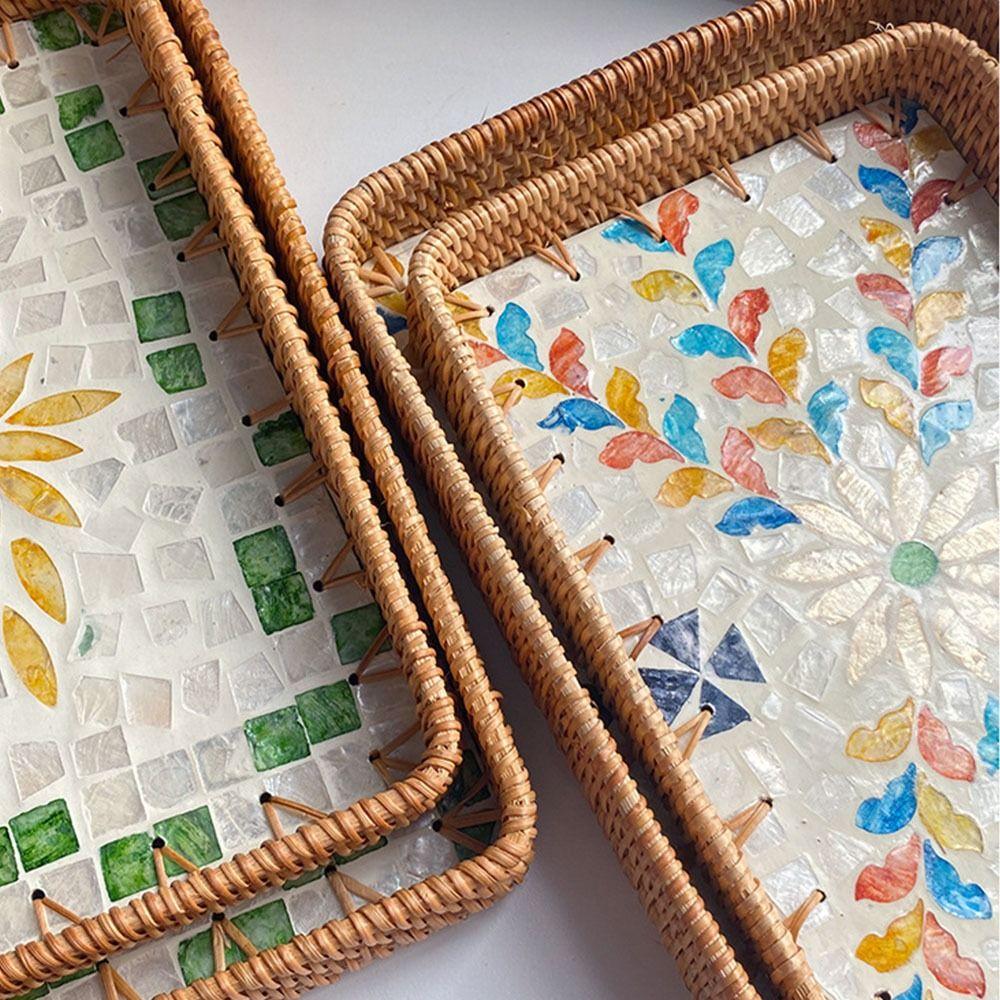 2pcs Rectangular Weaving  Storage Tray Handmade Fruit Dish Basket  Organizer Tray