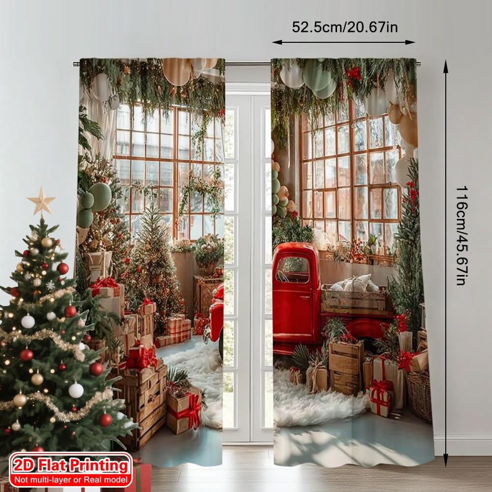 2pcs 2D flat printing Christmas Curtains Vintage red car Christmas tree Versatile Polyester Without Electricity Versatile Use