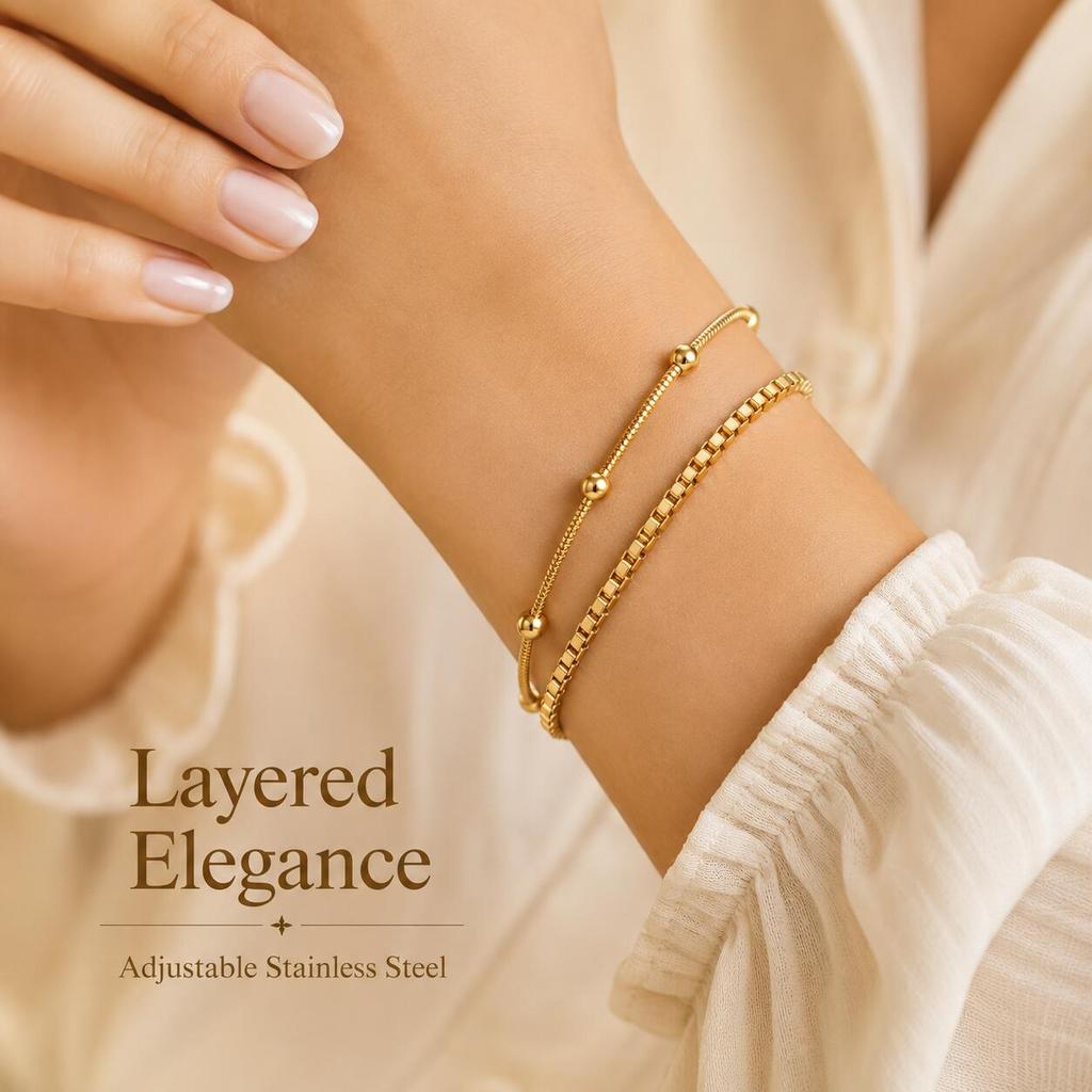 Layered Bracelet for Women, 2PCS Stainless Steel Adjustable Waterproof  PVD Gold Plated Trendy Summer Jewelry