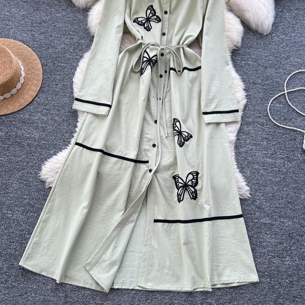 Elegant Butterfly Embroidered Polo-neck Vintage Long Sleeves Single Breasted Slim A-line Long Dress French High Street Clothing
