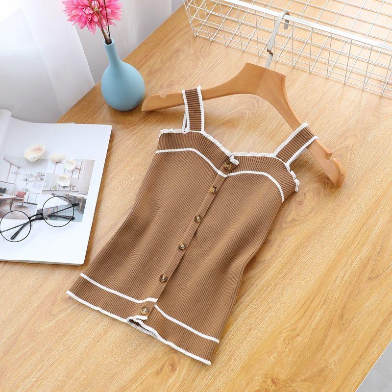 

Knit Tank Top Button Crop Tops Sexy Women Summer Camis Backless Camisole XXL кавовий