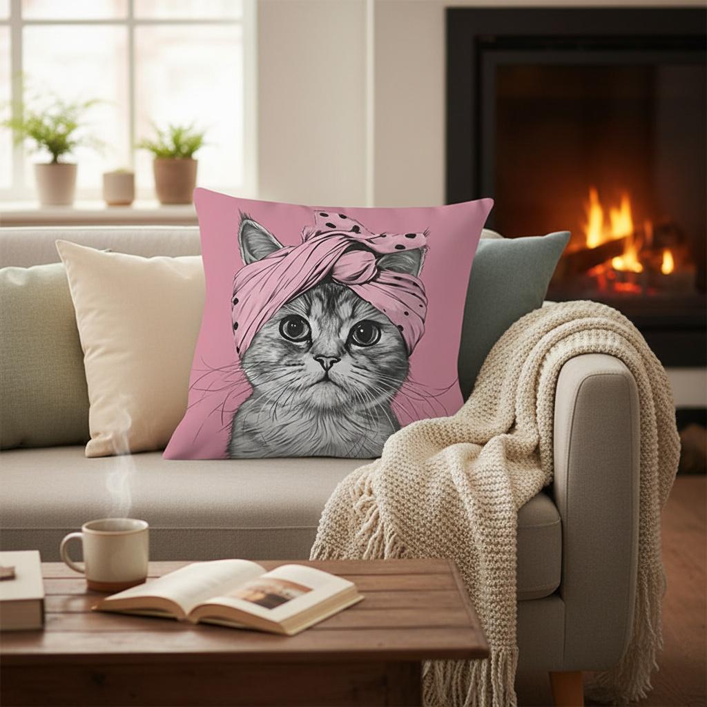 Cute Pink Cat Pillow Cover Polka Dot Headwrap Cat Print Soft Linen Cushion Case For Sofa Bed Couch Cat Lover Boho Home Decor