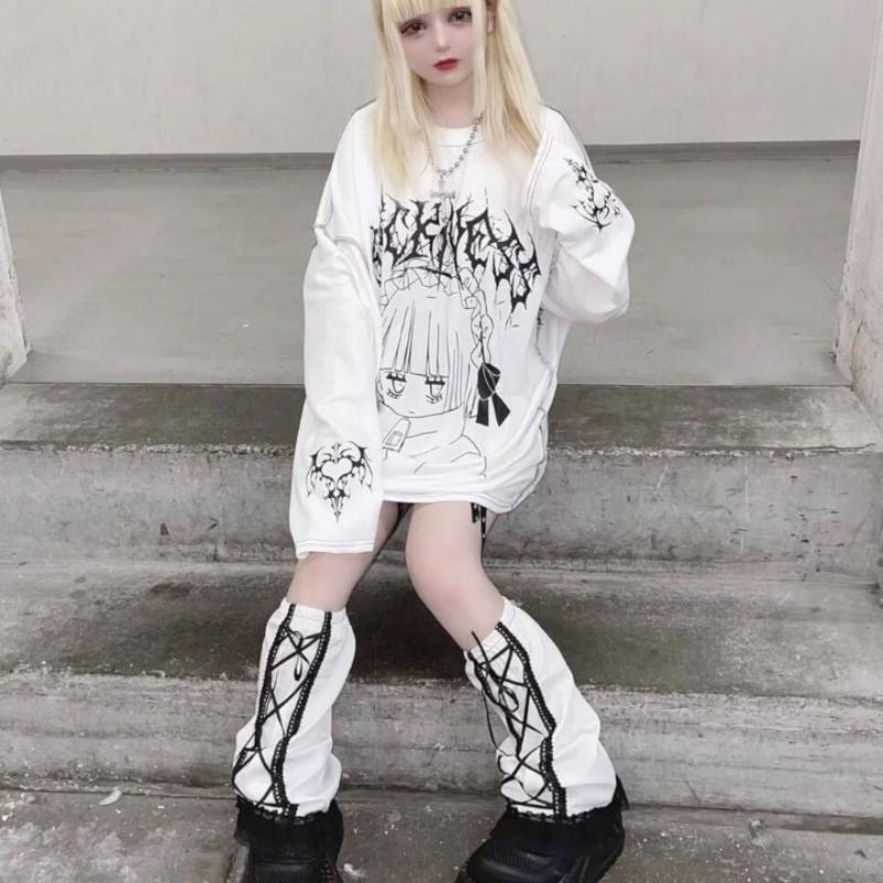 

Streetwear T Shirts Women Clothing Print Long Sleeve Tees Casual Fashion Japanese Camisetas Cartoon Y2k Tops Oversized T-shirts S белый