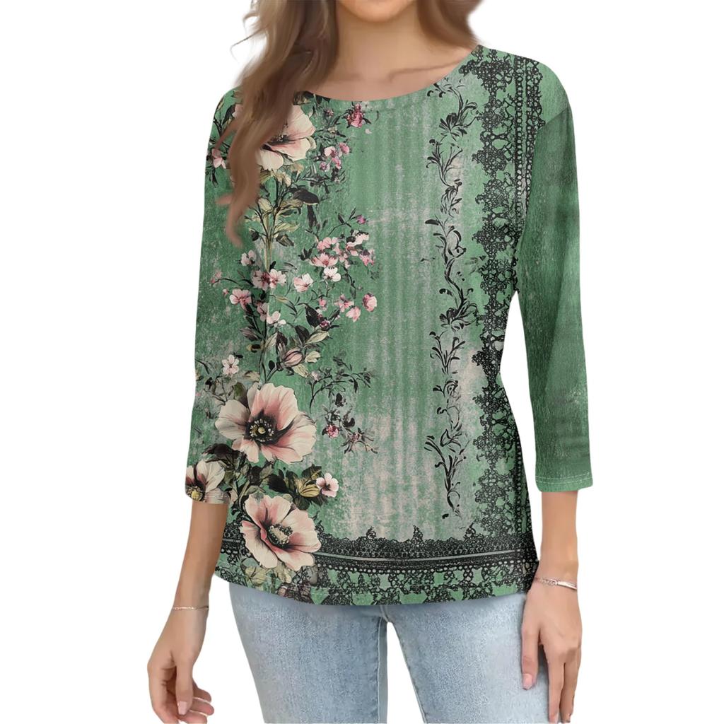 Women's Casual Round Neck Three Quarter Sleeve Floral Print Top Lightweight Soft Fabric Comfortable Fit