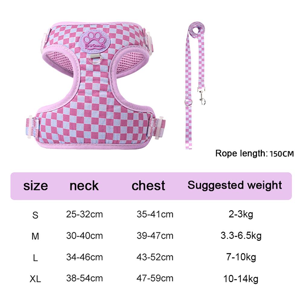 Plaid Dog Harness and Leash Set, Fashion Vest Harness for Small Dogs , Adjustable Puppy Walking Chest Strap with Lead