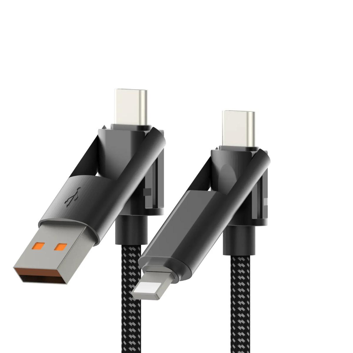 65W 4-in-1 Fast Charging Cable: Compatible with Huawei Type-C & Apple PD 27W for Car Phones Dual Magnetic Cable - 1m чёрный