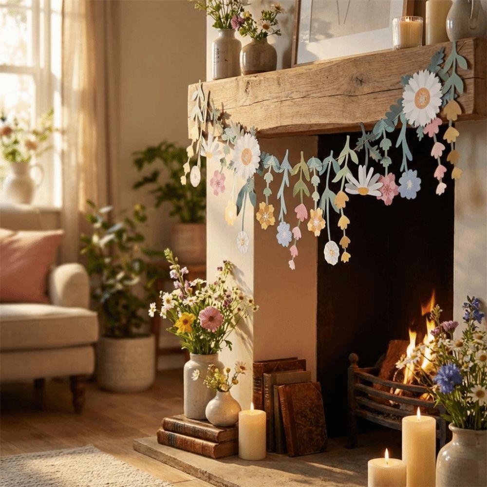 Double Sided Flower Paper Banner Spring Theme Floral Leaf Flower Leaves Garland Romantic Cartoon Party Scene Prop