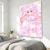 2D Character Tapestry Cute Kawaii Anime Girl Game Style Pink Aesthetic Wall Hanging Printed Wall Art for Bedroom Indoor Home