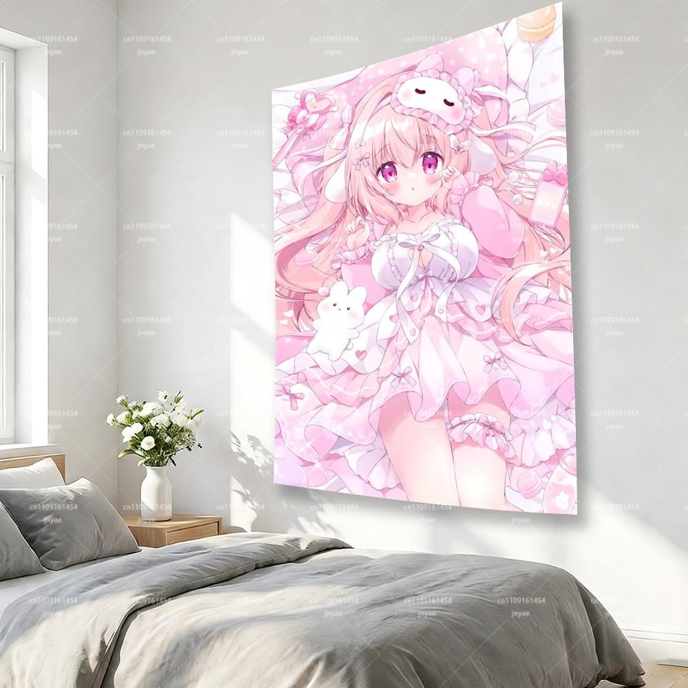 2D Character Tapestry Cute Kawaii Anime Girl Game Style Pink Aesthetic Wall Hanging Printed Wall Art for Bedroom Indoor Home