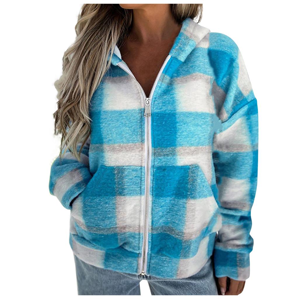 Women's Fashion Fall And Winter Plush Tweed Hooded Jacket Zipper Warm Top