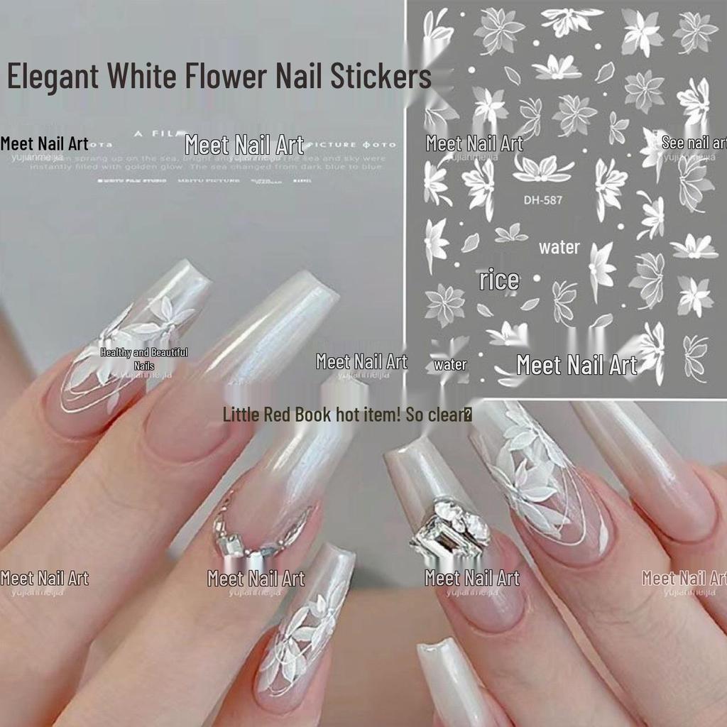 Trending Liquid Pure Desire White Floral Nail Stickers - Hand-Painted Flower Design