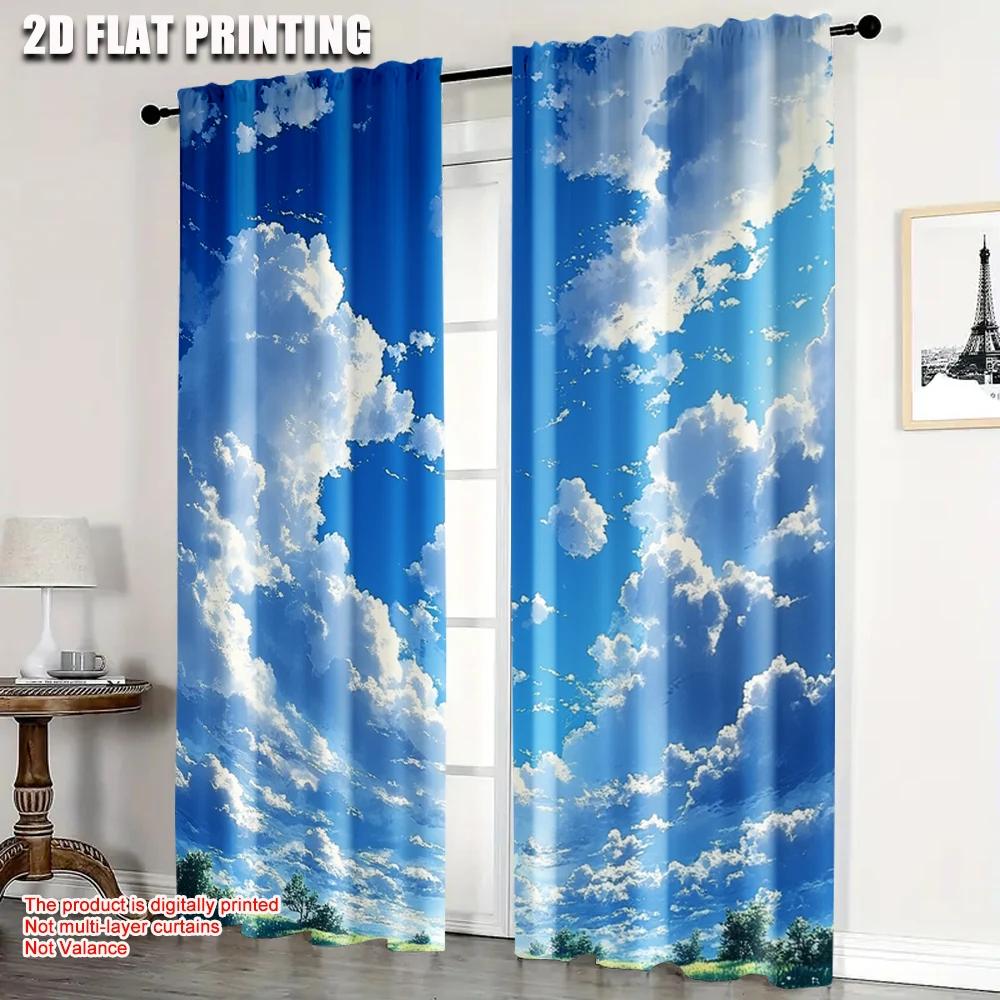 2pcs   Curtains  print Blue Sky White Clouds Machine Washable (without rod) Home Decor Use for Bedroom   Living Room   Office