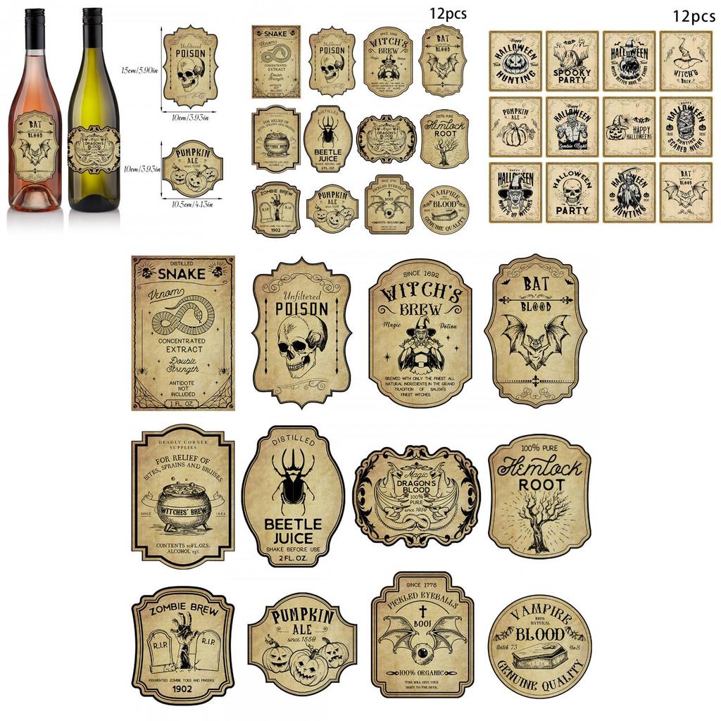 Halloween Vintage Wine Bottle Labels With Removable Stickers For Party Decor And Event Setup
