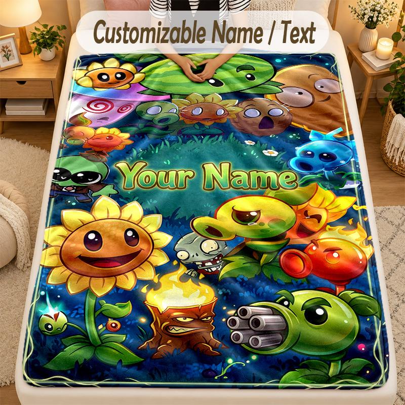 Flannel BlanketPlants vs. Zombies Custom Name Text Personalized Soft Warm Throw Blanket Home Decor Gift