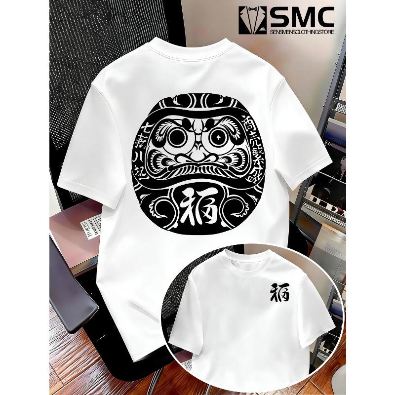 European Size Summer Japanese-Style Daruma and Fu Character Print Short-Sleeve T-Shirt for Men,National Trend Vintage Seven Turns Eight Rising T-Shirt