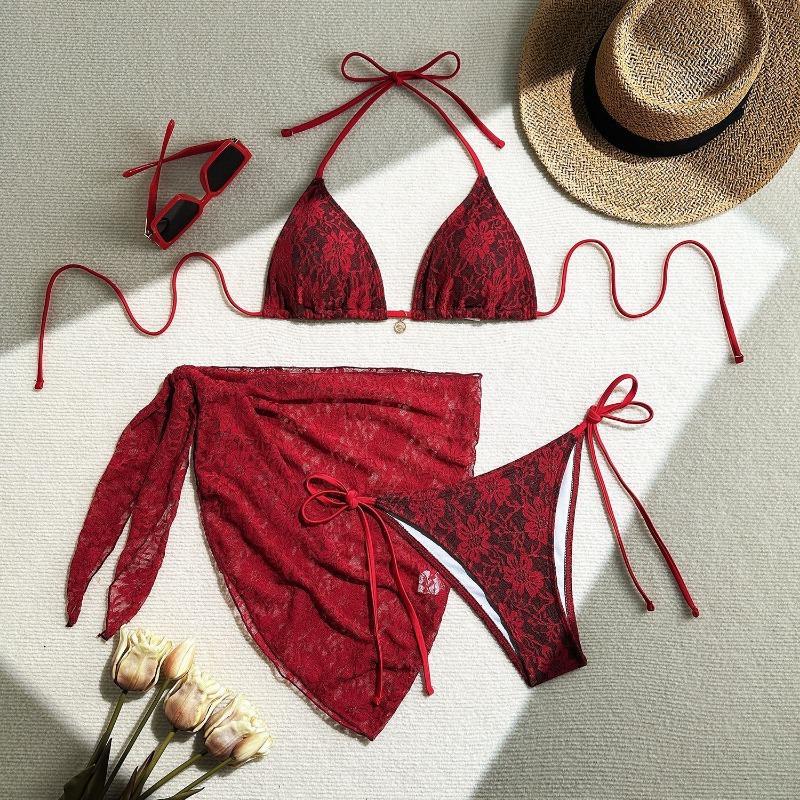 Sexy Lace Composite Mesh Three Piece Mini Skirt Bikini Swimsuit For Women