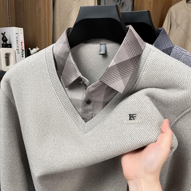 

Men s Faux Two-Piece Knit Sweater - Fall/Winter 2025, Plus Velvet, for Middle-Aged & Elderly Dads XXL