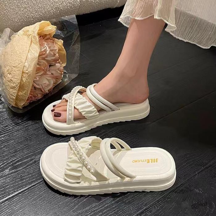 Summer Slippers for Women Fashionable Home Indoor Anti Slip Pearl Casual Beach Shoes