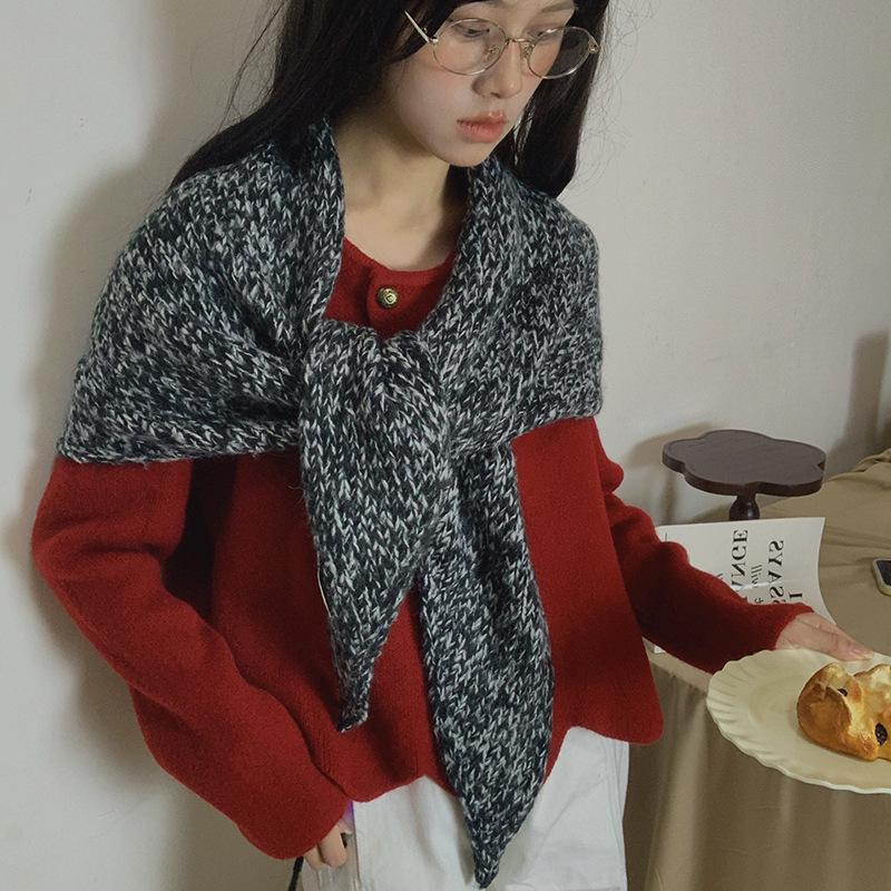 Luochi Wool-Blend Heathered Triangle Shawl – Perfect for Autumn/Winter чёрный