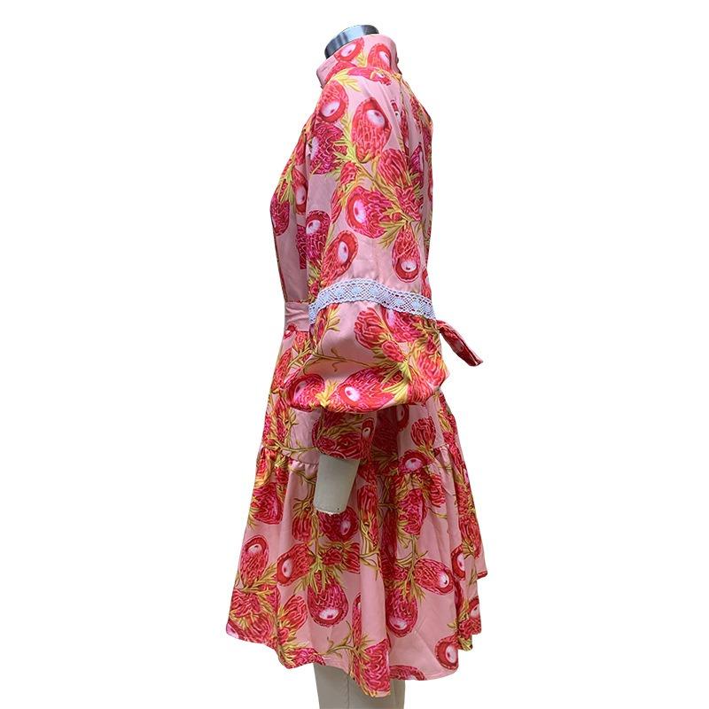 Plus Size Frühling und Herbst Damen Kleid Mode Temperament Hoher Kragen Swing Bedruckte Hemdkleider