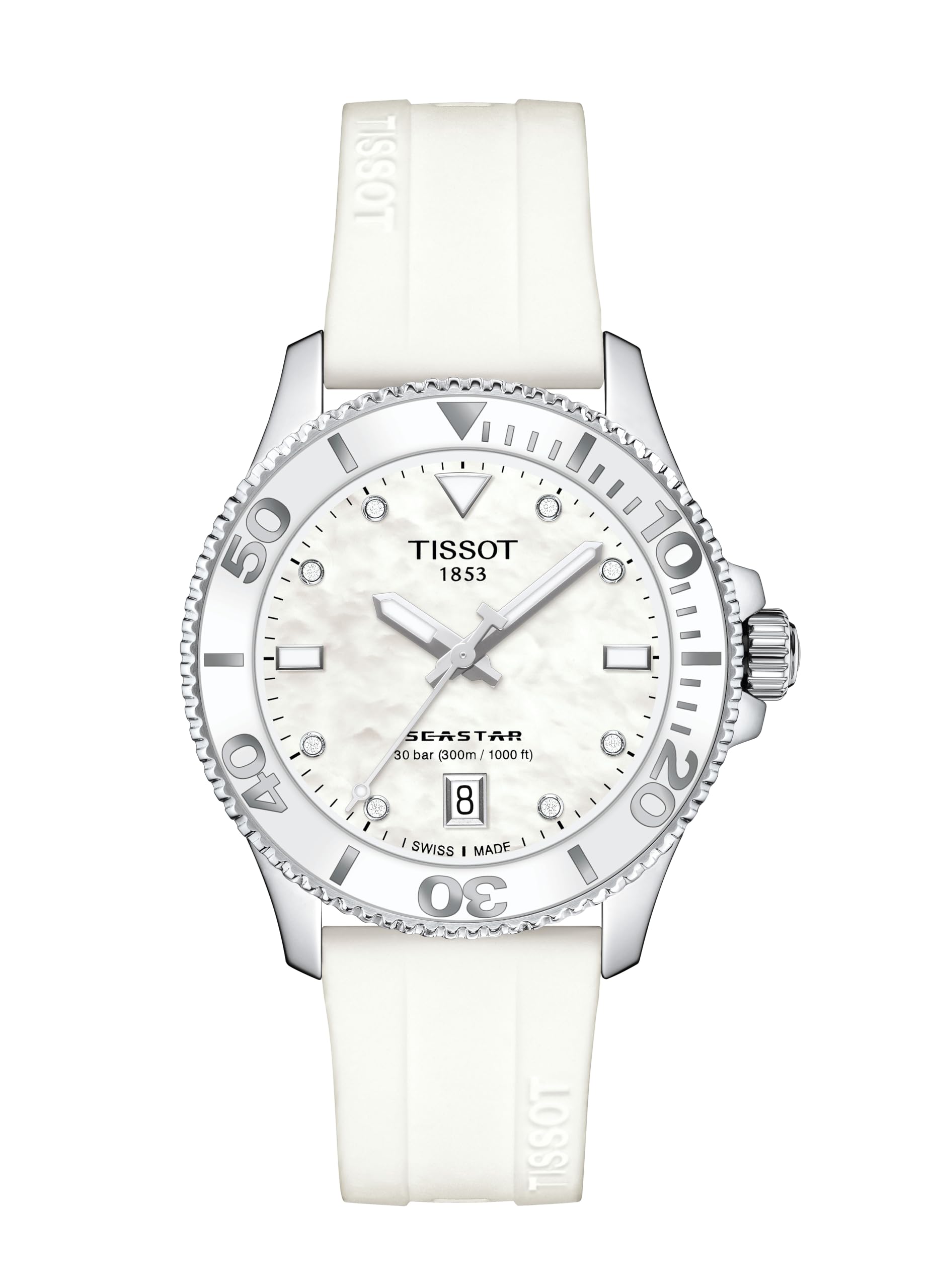 

Tissot Seastar 1000 36mm Unisex Watch with White Mother-of-Pearl Dial and Rubber Strap (T1202101711600) [Official Import]