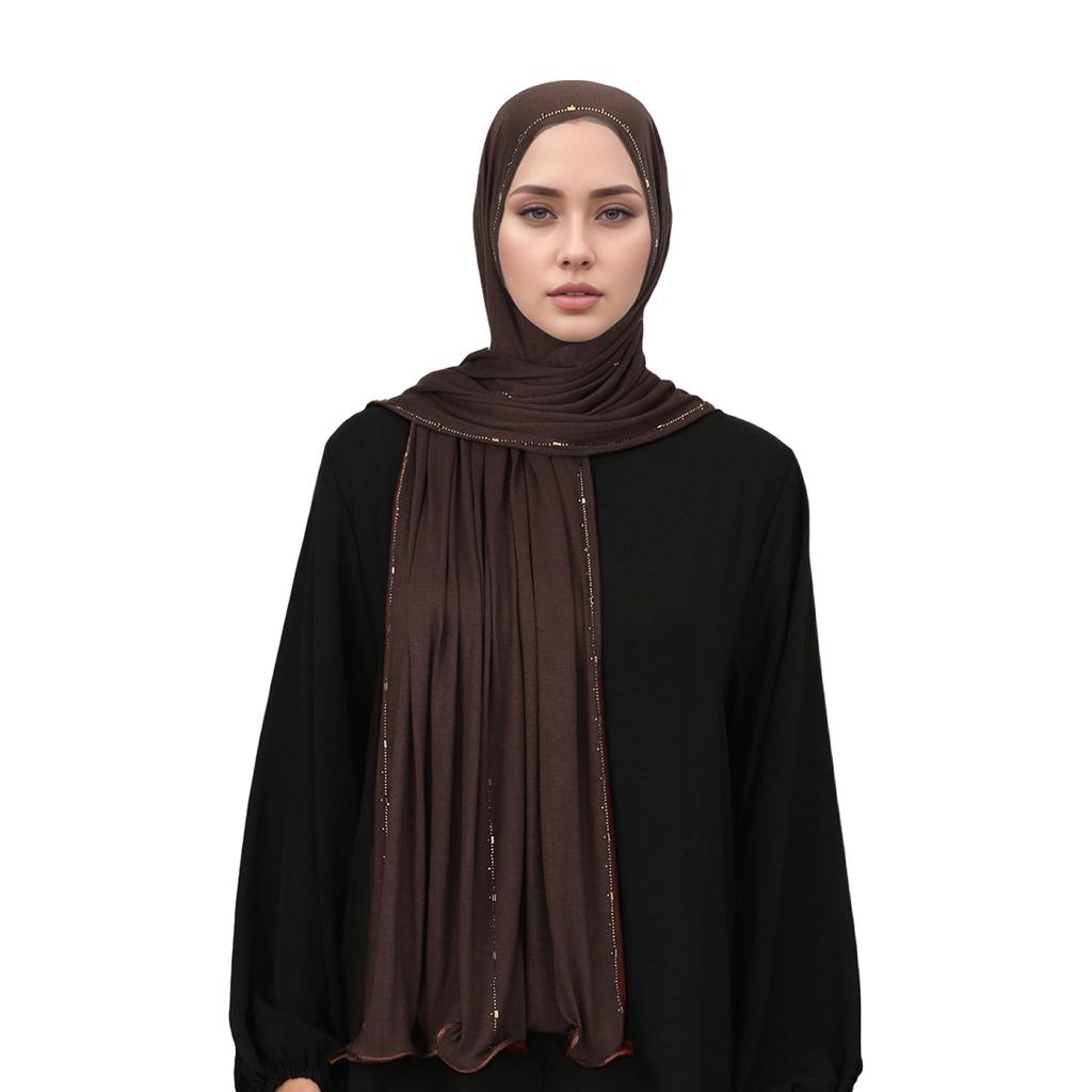 Muslim Jersey Hijab Scarf With Beads Rhinestones Shimmer Headscarf Women Premium Jersey Shawl Luxury Design Turban Plain Wraps