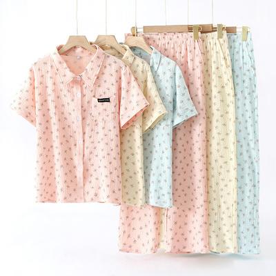 New Women's Pajama Set 100% Cotton Crepe Short Sleeves+Pants Two Piece Set Ladies Shirt Collar Pajama Home Furnishing