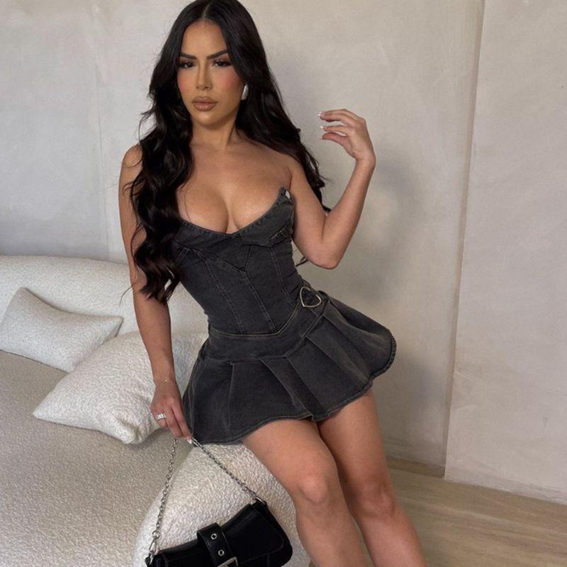 

Sexy Spy Girl French V-neck Elastic Denim Dress Denim Dress Black(Fashion women s 48 hours delivery) XL