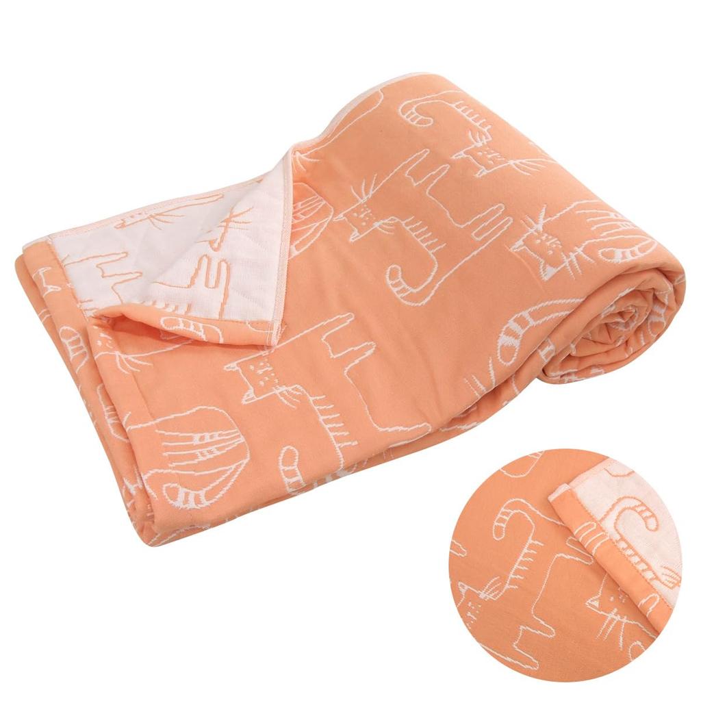 Rivere Gauze Blanket, Single, Triple-Layer Gauze, Cat Print, Cotton Blend, Summer Blanket, Lightweight Throw (Orange)