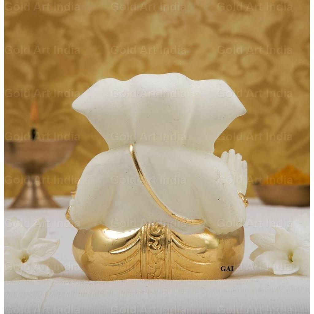 Gold Plated Ceramic Appu Ganesh Idol for Car Dashboard Small Ganesha Murti Ganpati Idol for Home Decor