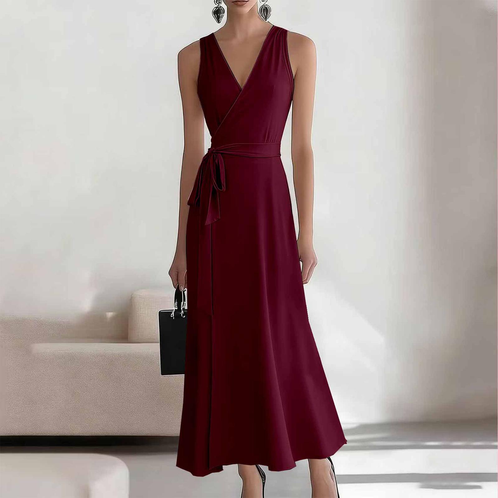 

Women s Fashionable Color V-neck Lace Sleeveless Long Casual Dress XL винний