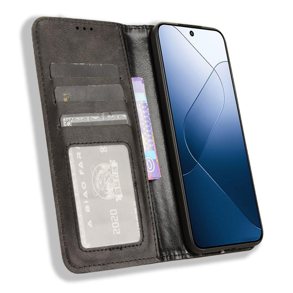 

For Xiaomi 14 Case Magnetic Auto Closing Retro Leather Phone Cover Black