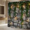Rustic Stone Wall Shower Curtain Green Vines String Lights Nature Garden Design Cozy Bathroom Decor Waterproof Elevate Space