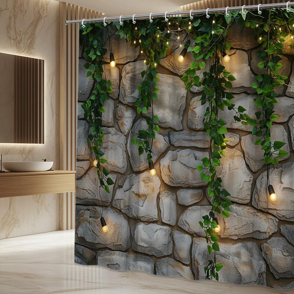 Rustic Stone Wall Shower Curtain Green Vines String Lights Nature Garden Design Cozy Bathroom Decor Waterproof Elevate Space