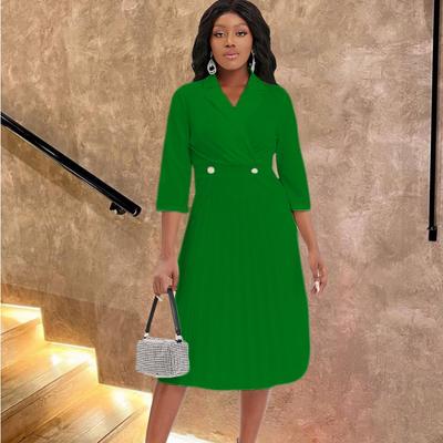 Large Size Women's Clothing Autumn and Winter New Suit Collar Solid Color Temperament Pleated African Dress