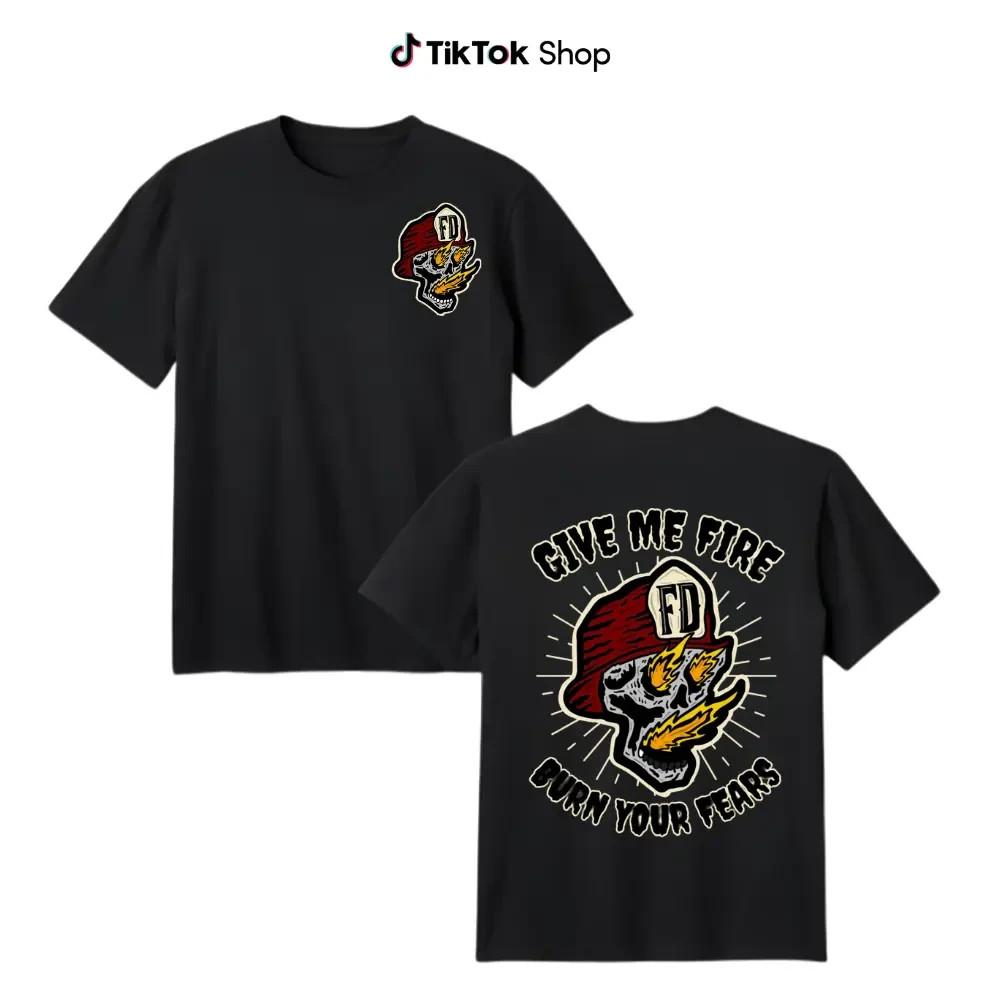 Give Me Fire Burn Your Fears T-Shirt, Vintage Streetwear Firefighter Skull S разноцветный