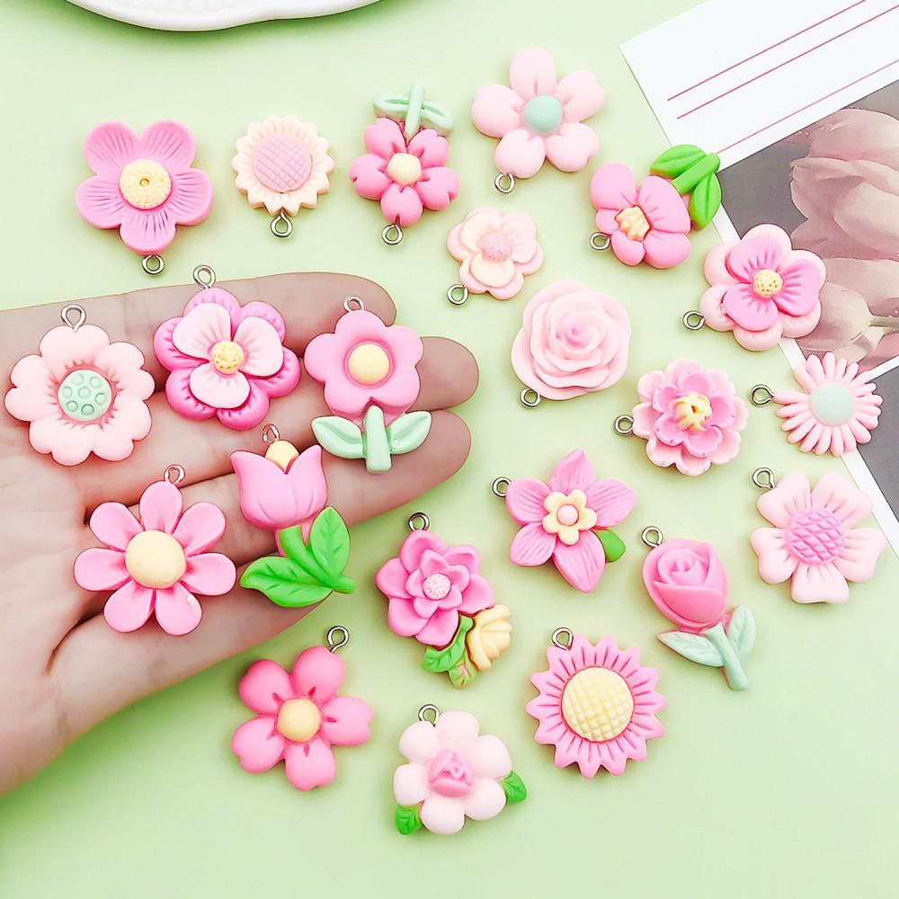 30-Piece Set: Pink Resin Sunflower & Rose Flower Pendants for DIY Jewelry