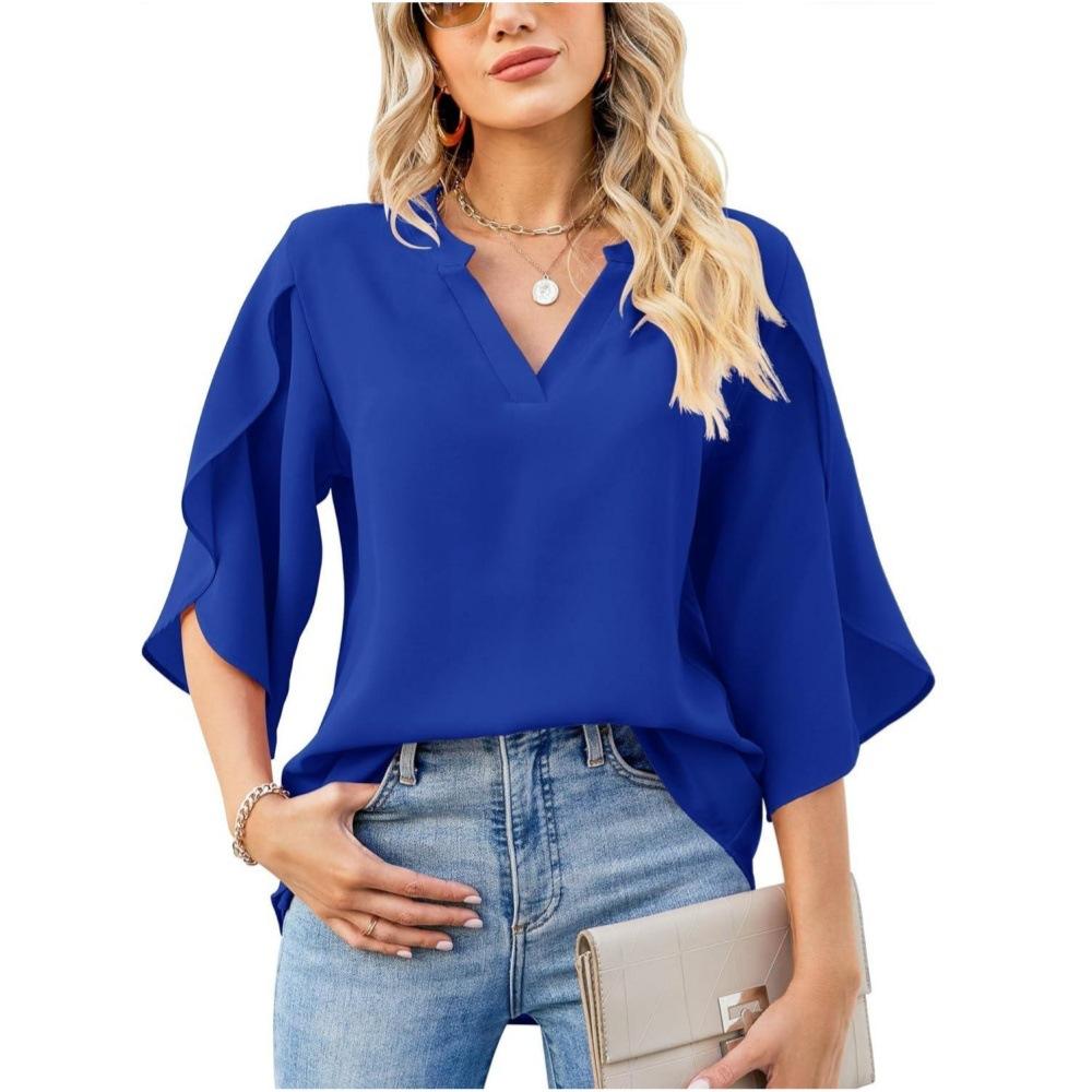Spring and Summer Women Chiffon Blouses Shirts Lady Casual Short Flare Sleeve V-Neck Loose Blouse Tops