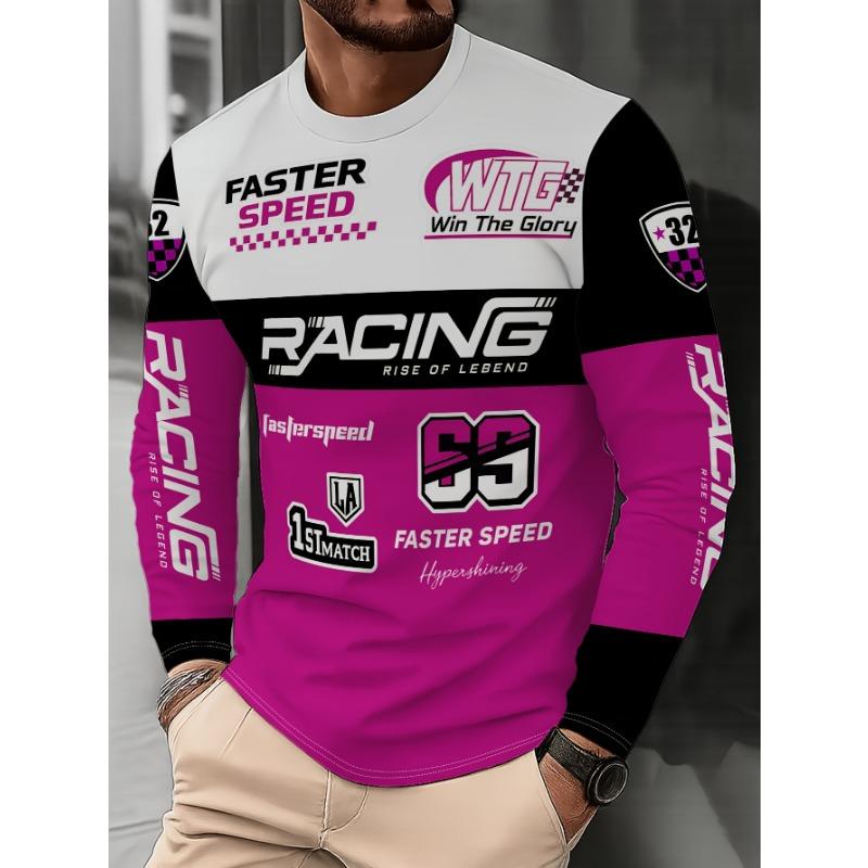 Men's Crew Neck Long Sleeve T-Shirt with Trendy Racing Element Print and Letter Graphic for Casual Wear, PLUS SIZE