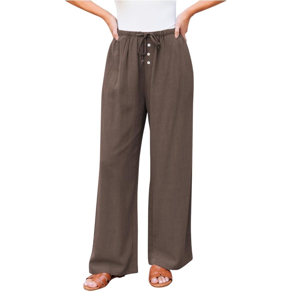 Women's Casual Fashion Cotton And Linen Drawstring Button Trousers
