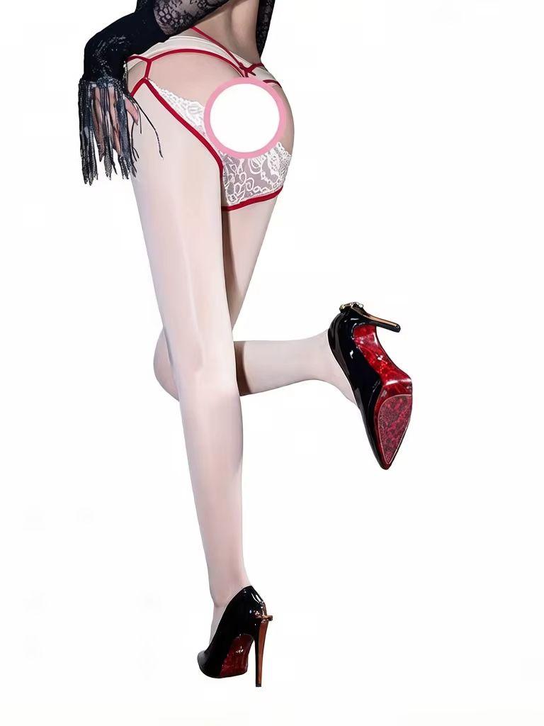 Bandage Waist Hollow Out Pantyhose Women'S Lace Cross Crotch Tights Oil Shiny Glossy Sheer Woman Stocking Lingerie