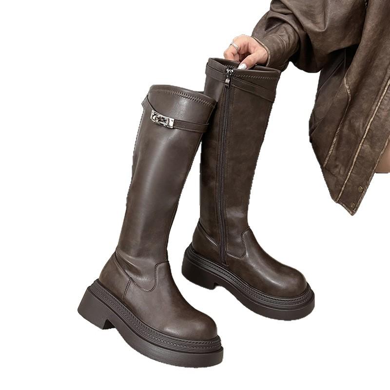 Thick heel platform knight boots women's Korean version but knee boots 2025 autumn and winter new round head high heel Martin boots