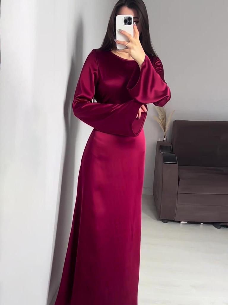 2024 Spring Slimming Waist Tie Solid Color Long Sleeve Maxi Dress