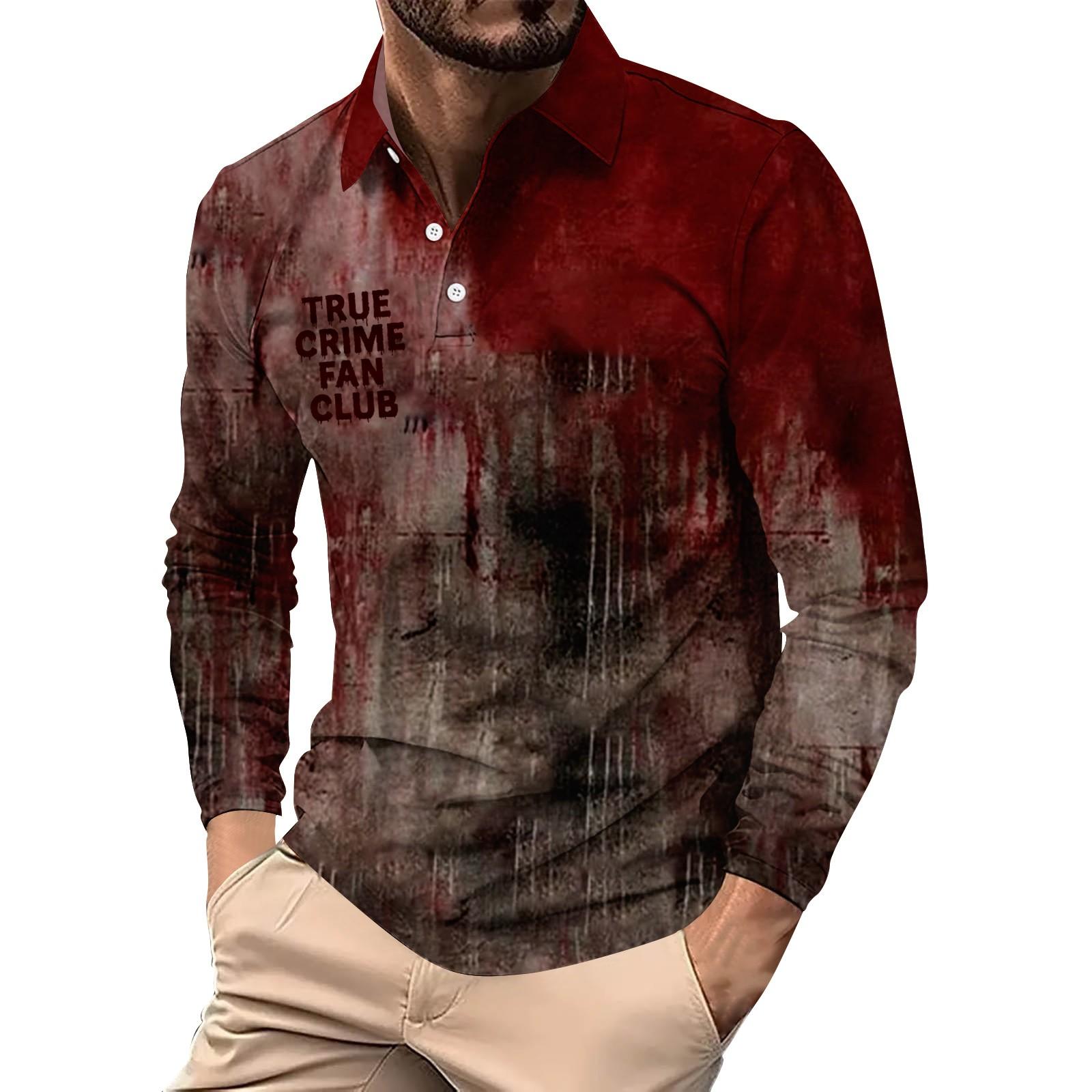 

Мужской свободный и повседневный топ с длинными рукавами на пуговицах с лацканами и принтом букв на Хэллоуин XXXL винный