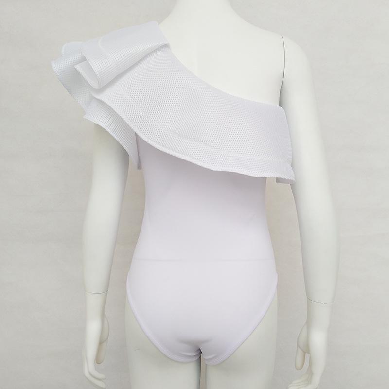 Traje de baño mono ajustado de Color sólido con encaje de hoja de loto sexy de un solo hombro para mujer